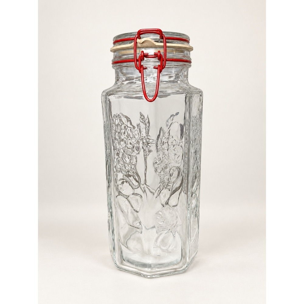 VTG French Glass Canister 11 Inch Embossed Fruit Red Bail Swing Top Jar FrancE